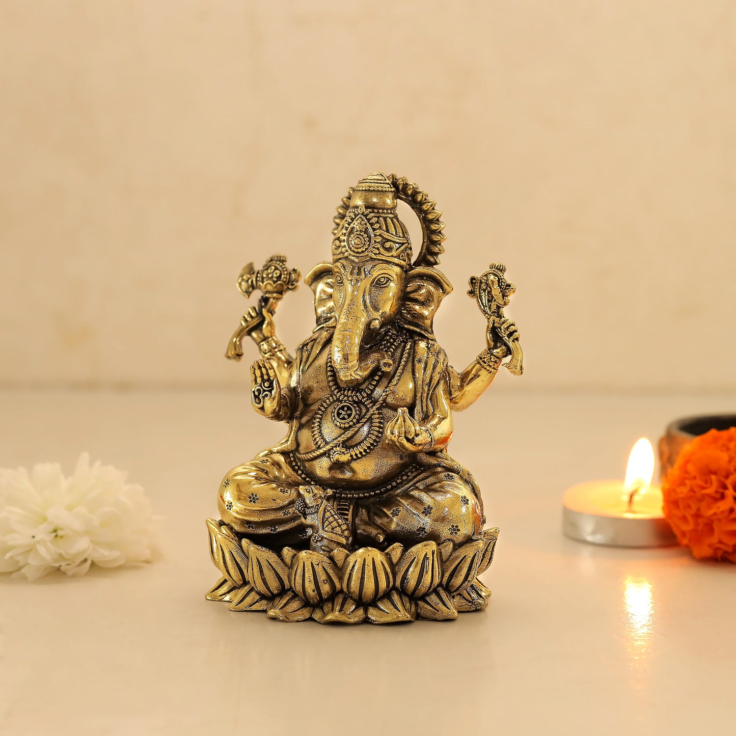 Brass Lotus Ganesh in Blessing Mudra