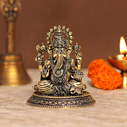 Intricate Brass Dagdusheth Ganpati Murti