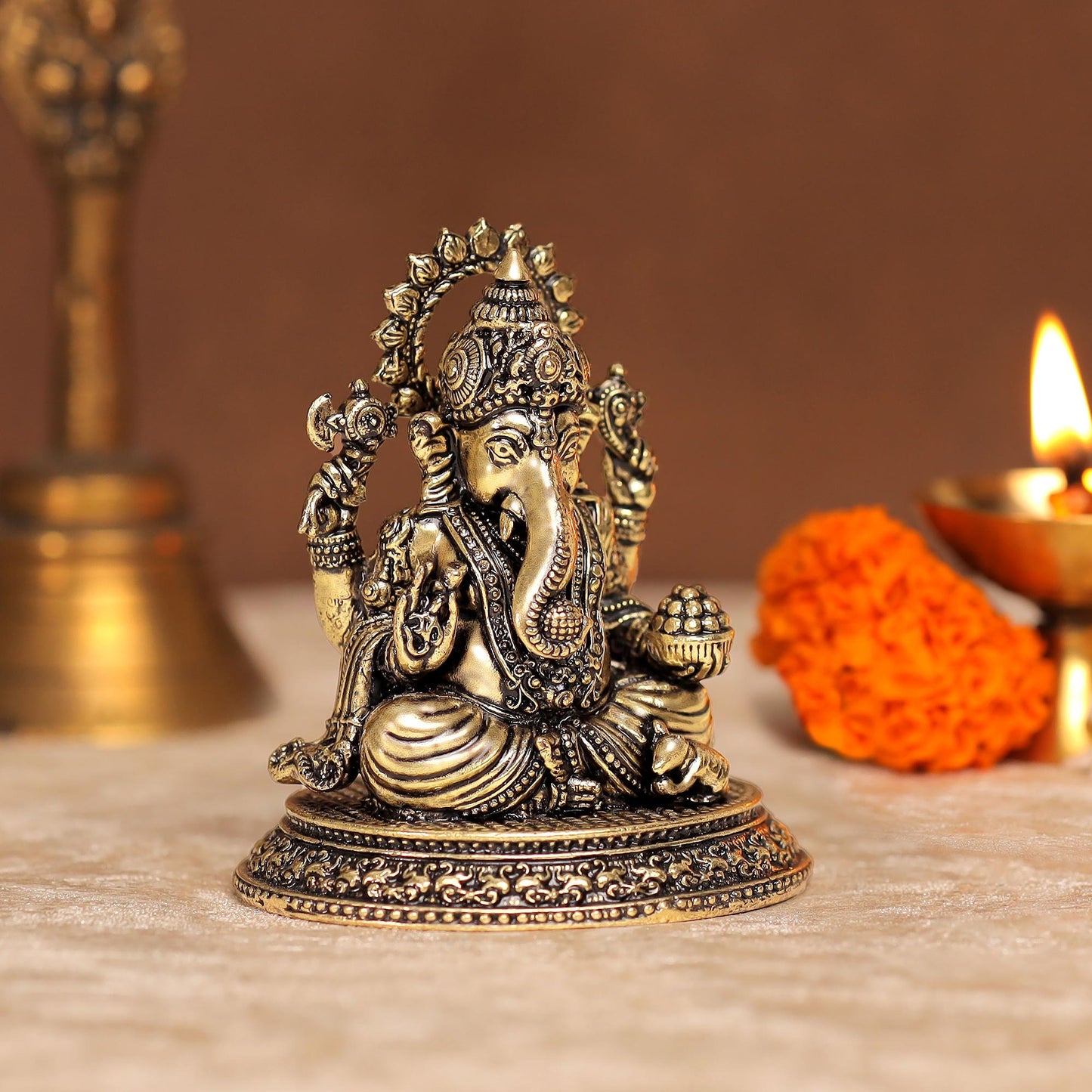 Intricate Brass Dagdusheth Ganpati Murti