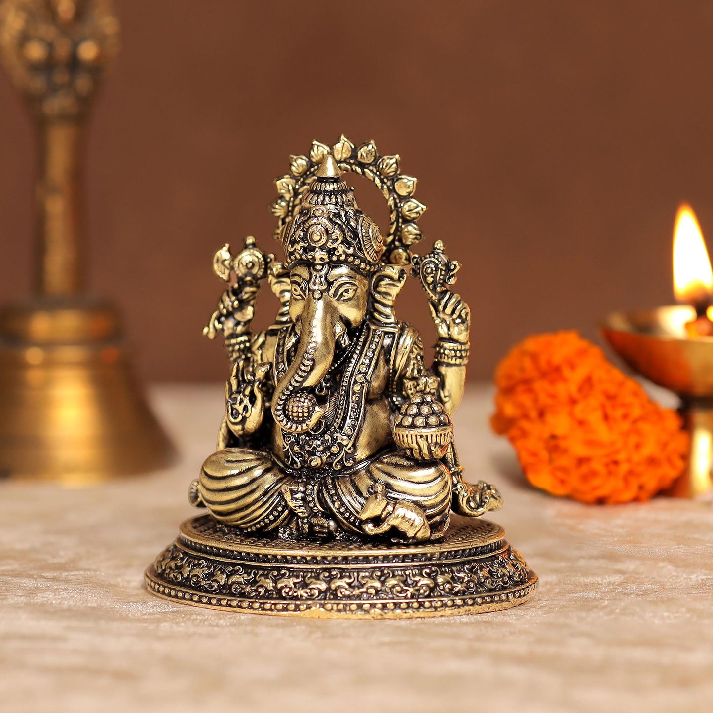 Intricate Brass Dagdusheth Ganpati Murti