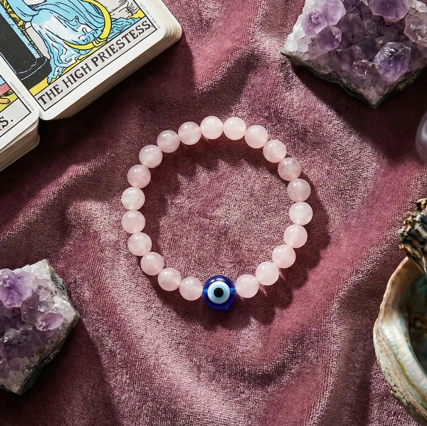 Rose Quartz with Evil Eye Bracelet