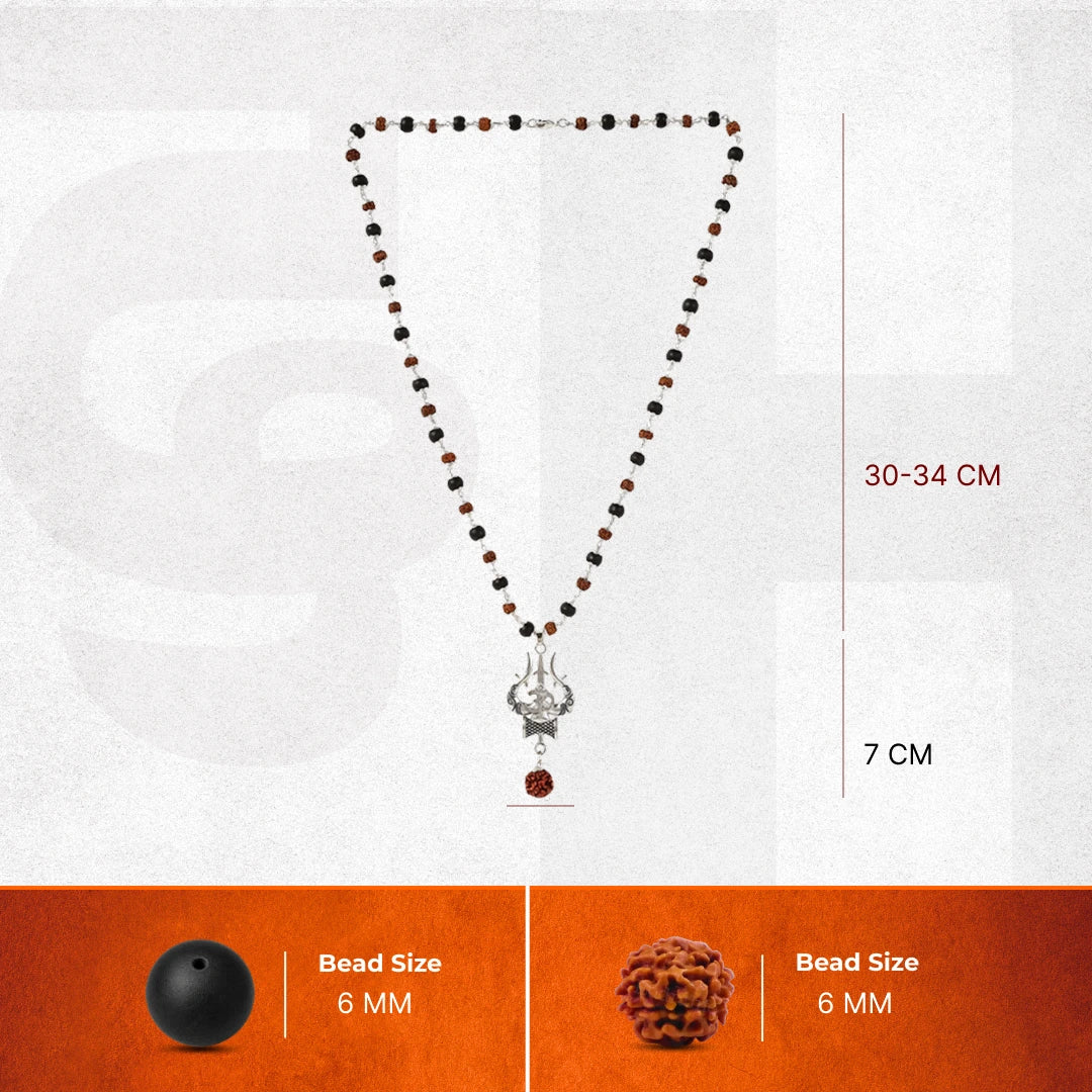 Rudraksha Karungali Mala in Silver-Cap with Shiv Trishul & Rudraksha Pendant