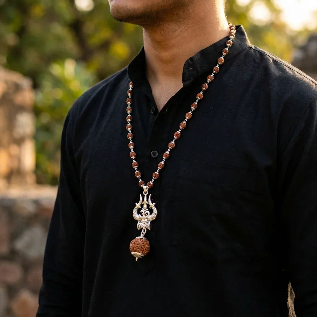 Silver Capped Rudraksha Mala with Trishul Damroo and Rudraksha