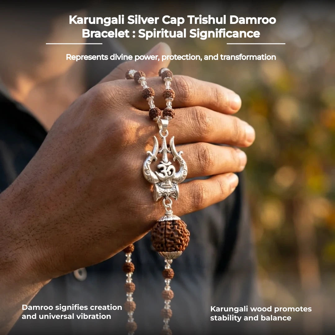 Silver Capped Rudraksha Mala with Trishul Damroo and Rudraksha