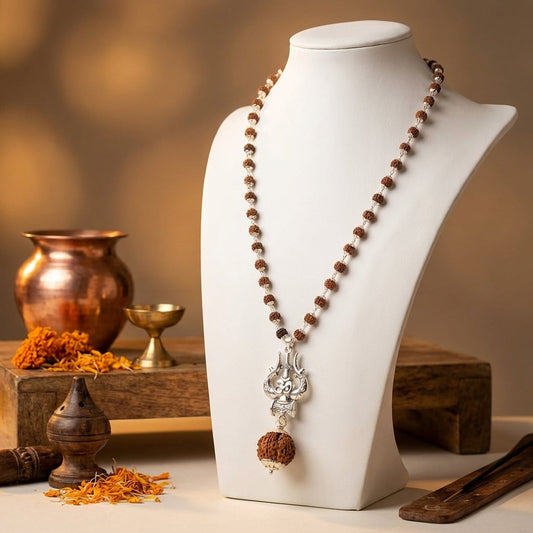 Silver Capped Rudraksha Mala with Trishul Damroo and Rudraksha