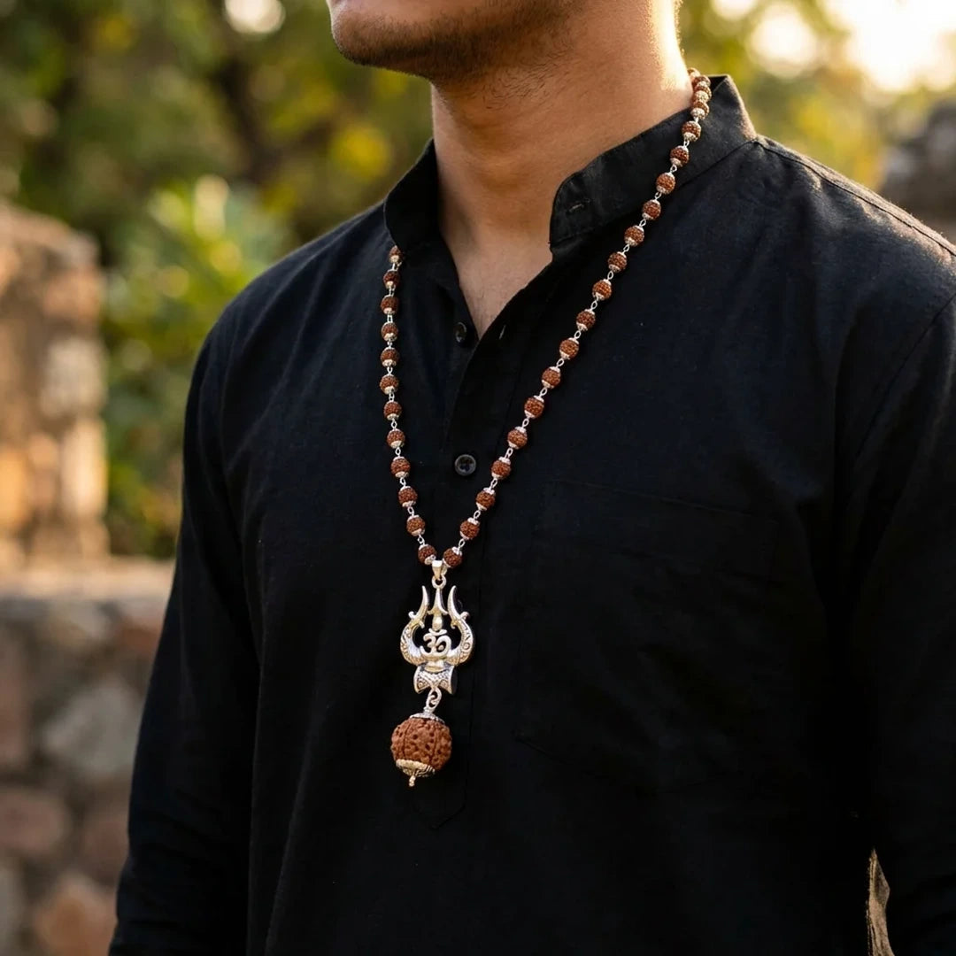 Silver Capped Rudraksha Mala with Trishul Damroo and Rudraksha