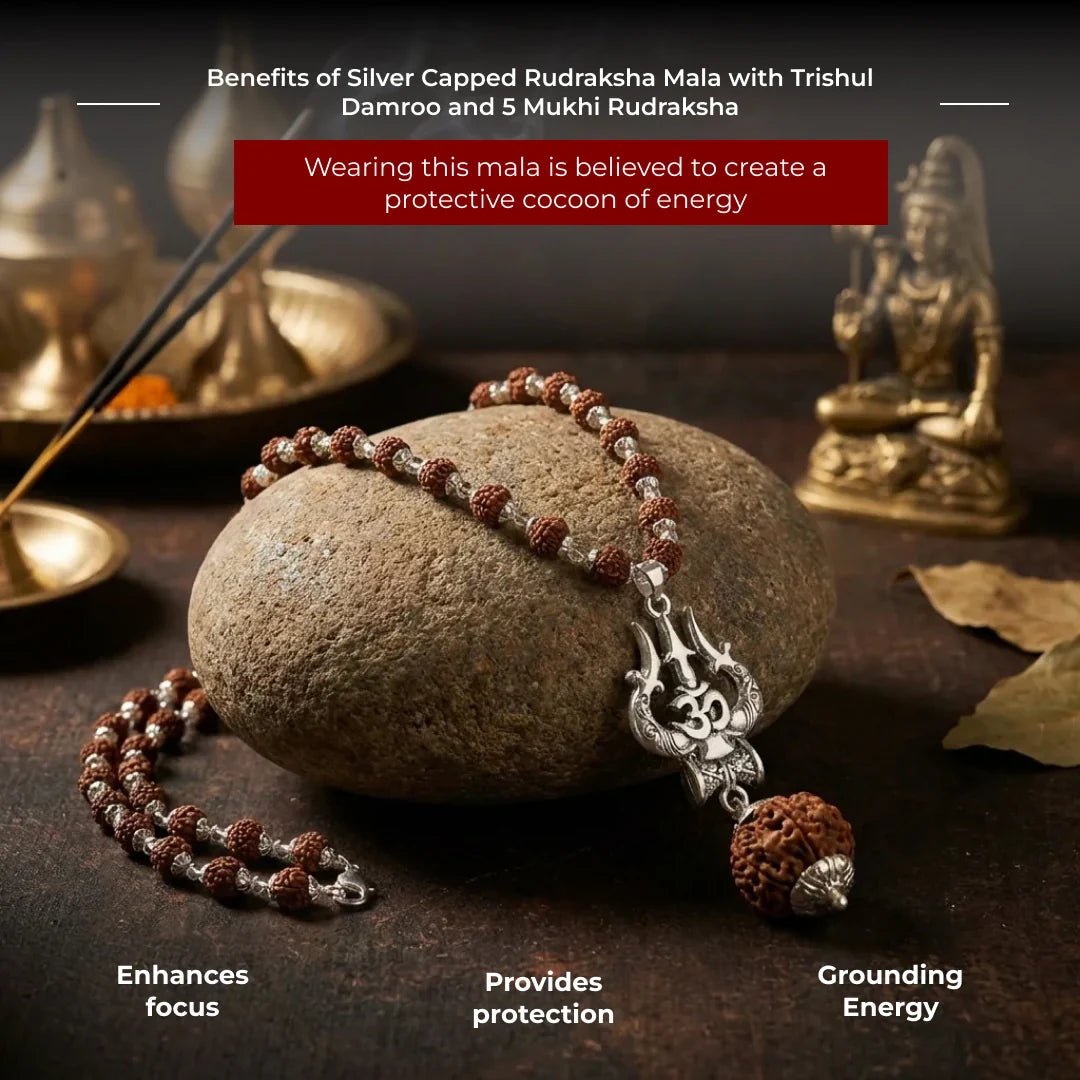 Silver Capped Rudraksha Mala with Trishul Damroo and Rudraksha
