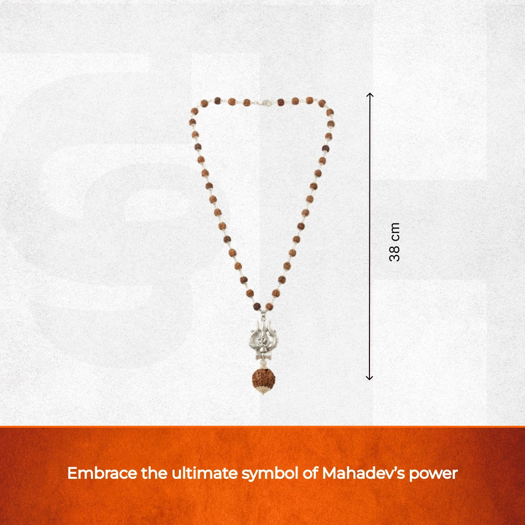 Silver Capped Rudraksha Mala with Trishul Damroo and Rudraksha
